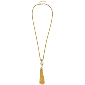 Gold crystal and Cream Pearl long Tassel Necklace #SQ321-1026626G (ID4/OC2)