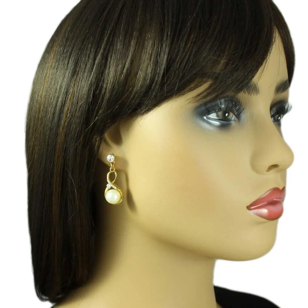Gold Figure 8 with White Pearl and Crystals Pierced Earring - PT406E