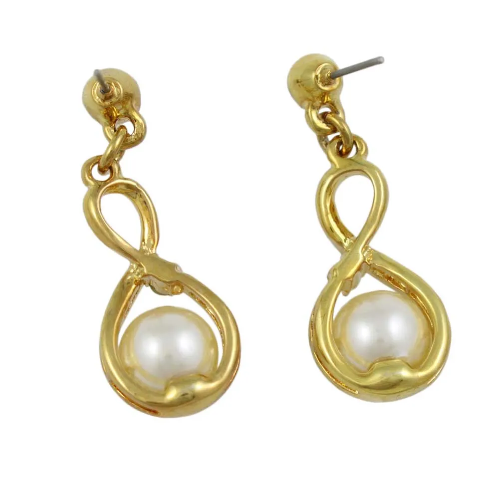 Gold Figure 8 with White Pearl and Crystals Pierced Earring - PT406E
