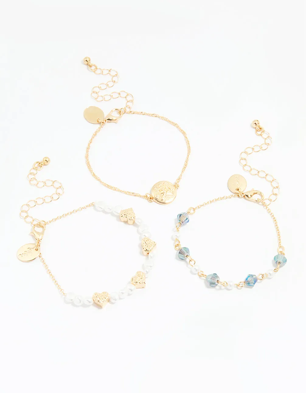 Gold Pearl Heart Beaded Bracelets 3-Pack