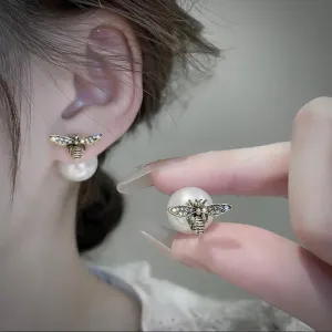 Gold Rhinestone Bee Earrings with White Pearl Back Stopper
