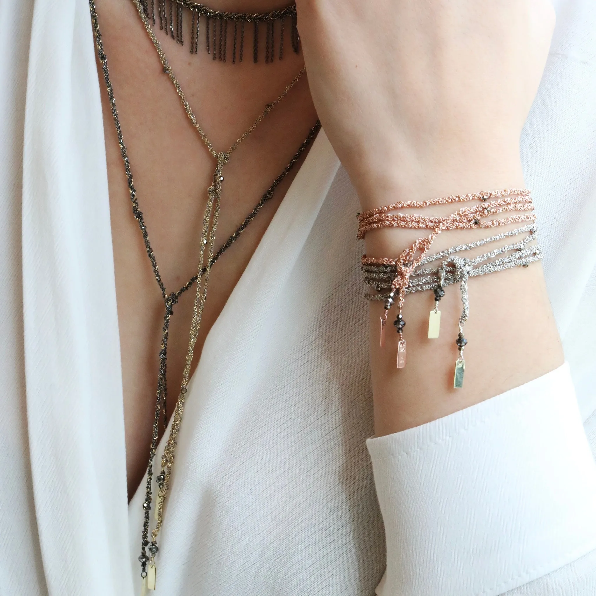 Gold Vermeil Chain and Jade Silk Woven Wrap