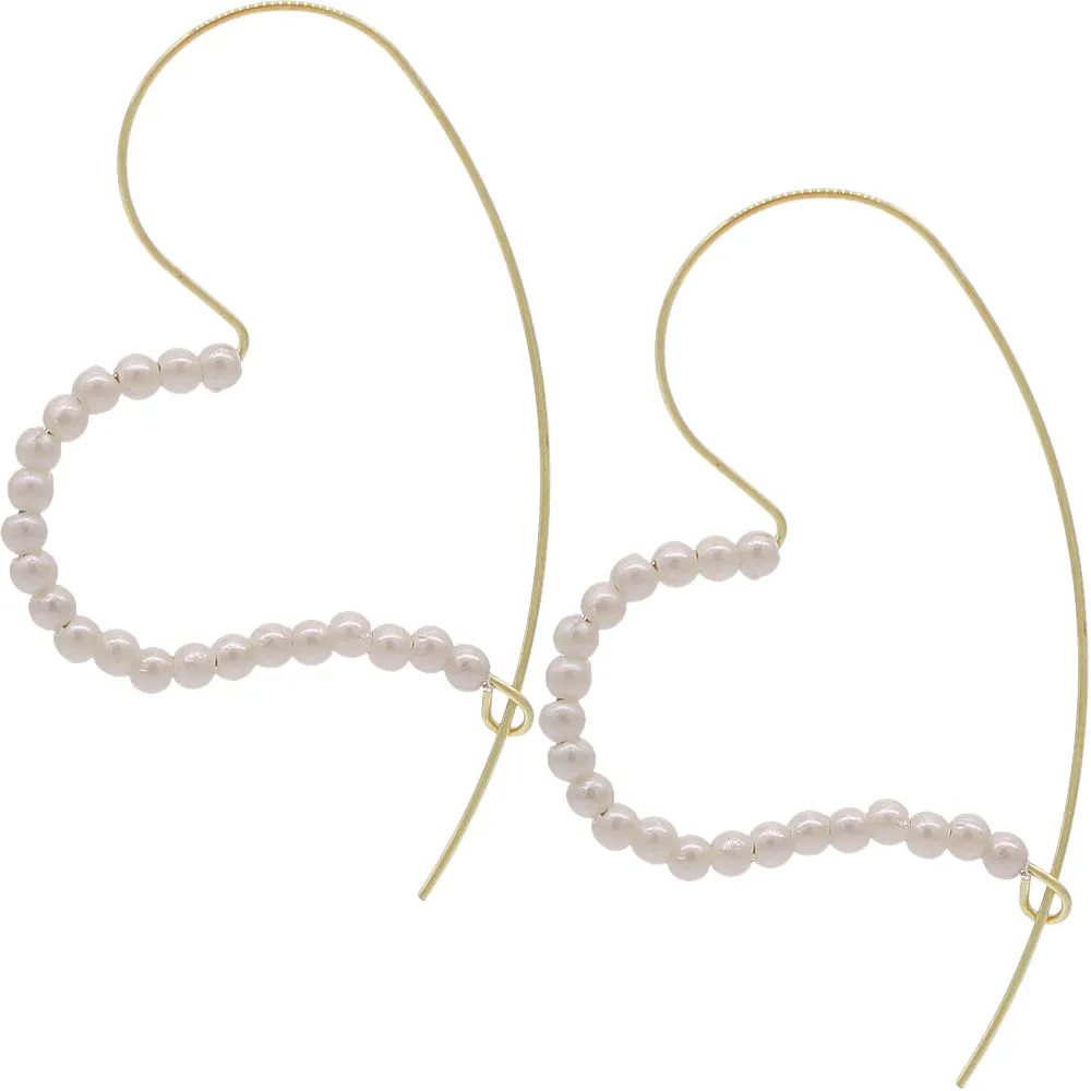 Gold White Faux Pearl Thin Heart Earrings
