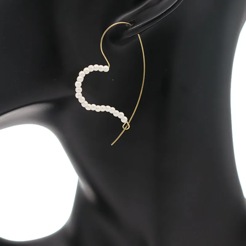 Gold White Faux Pearl Thin Heart Earrings