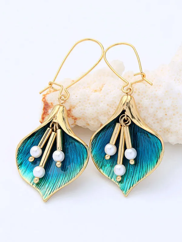 Gold&Blue Flower Pearl Earrings