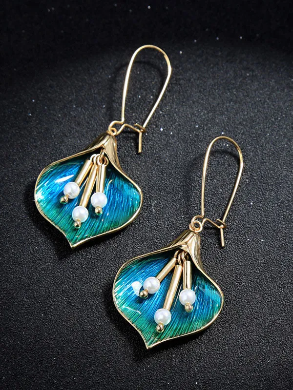 Gold&Blue Flower Pearl Earrings