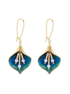 Gold&Blue Flower Pearl Earrings