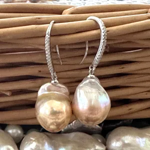 Golden Pink Baroque Pearl Dangle Earrings, Cz Pave Silver