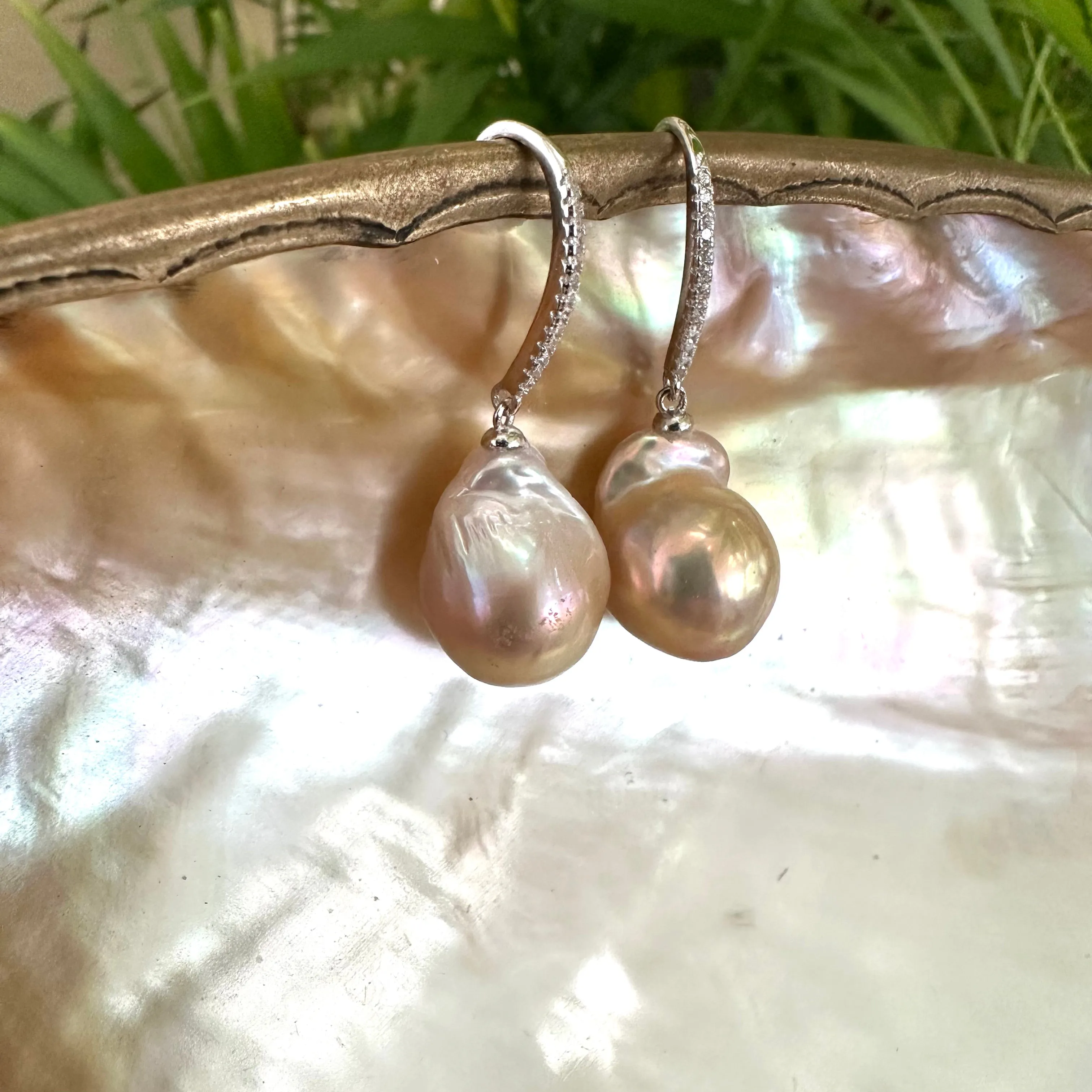 Golden Pink Baroque Pearl Dangle Earrings, Cz Pave Silver