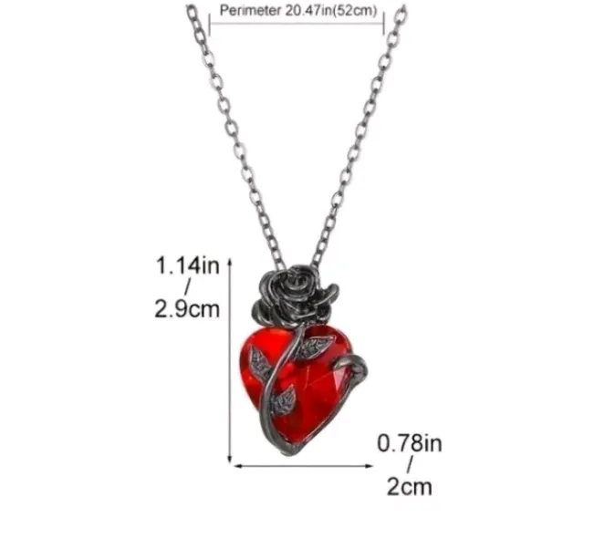 Gothic Dark Rose Flower & Red Heart Pendant Necklace Fast Free Shipping