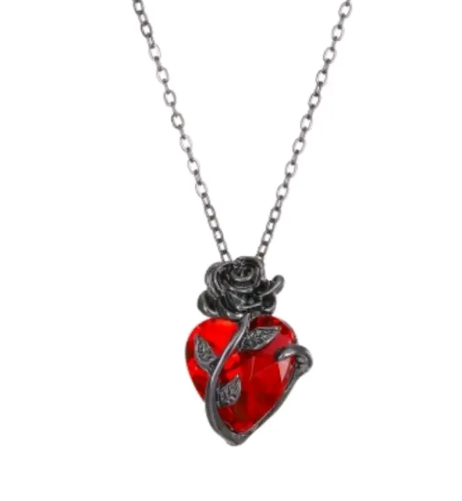 Gothic Dark Rose Flower & Red Heart Pendant Necklace Fast Free Shipping