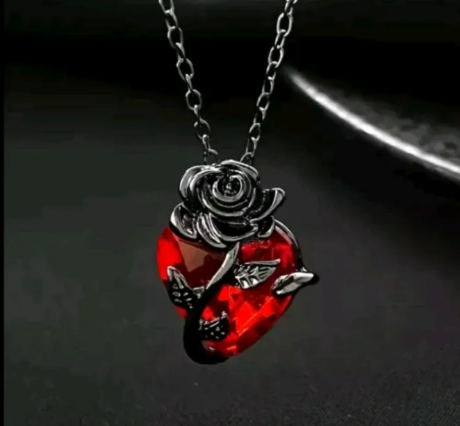 Gothic Dark Rose Flower & Red Heart Pendant Necklace Fast Free Shipping