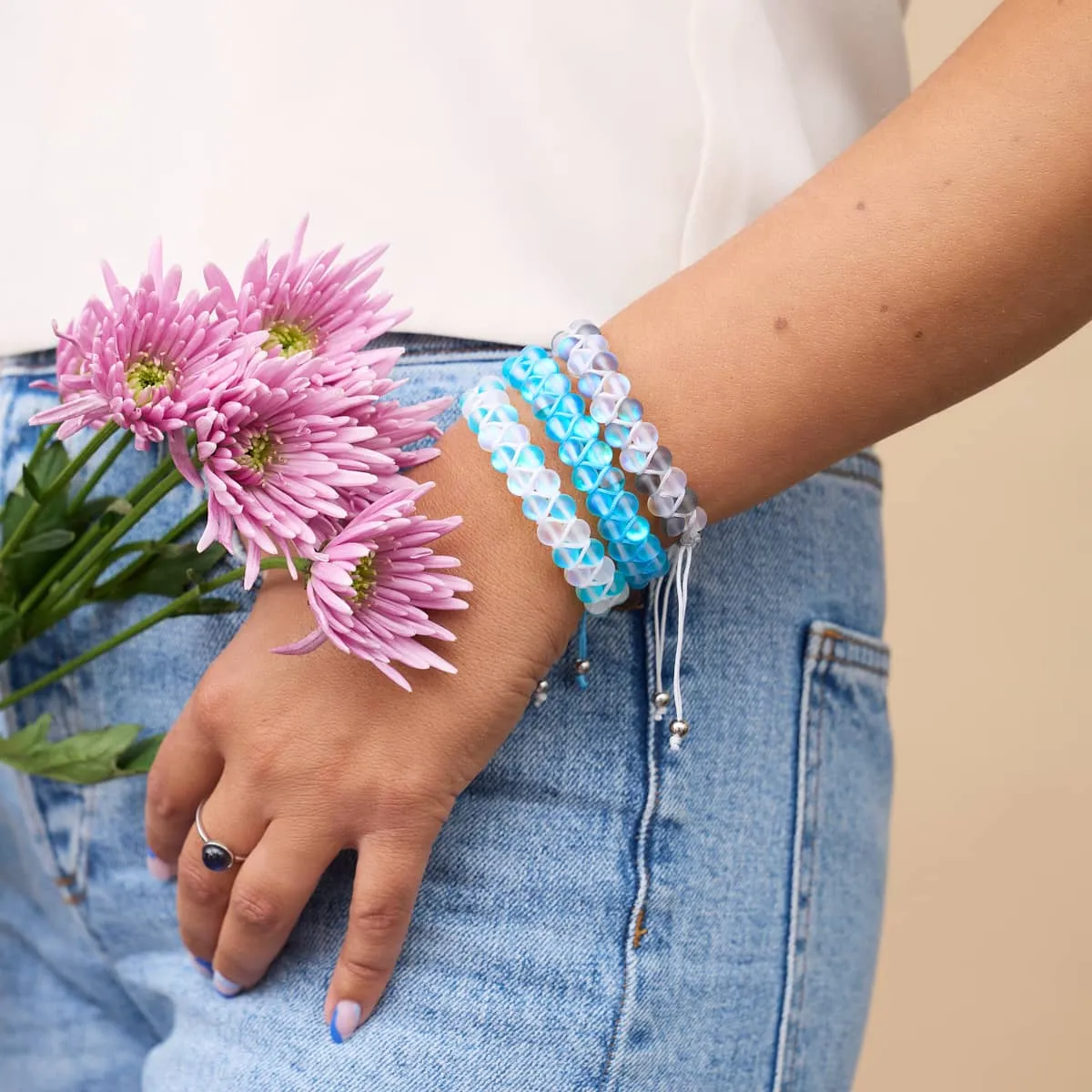 Grey and White | Silver | Double Mermaid Glass Bracelet