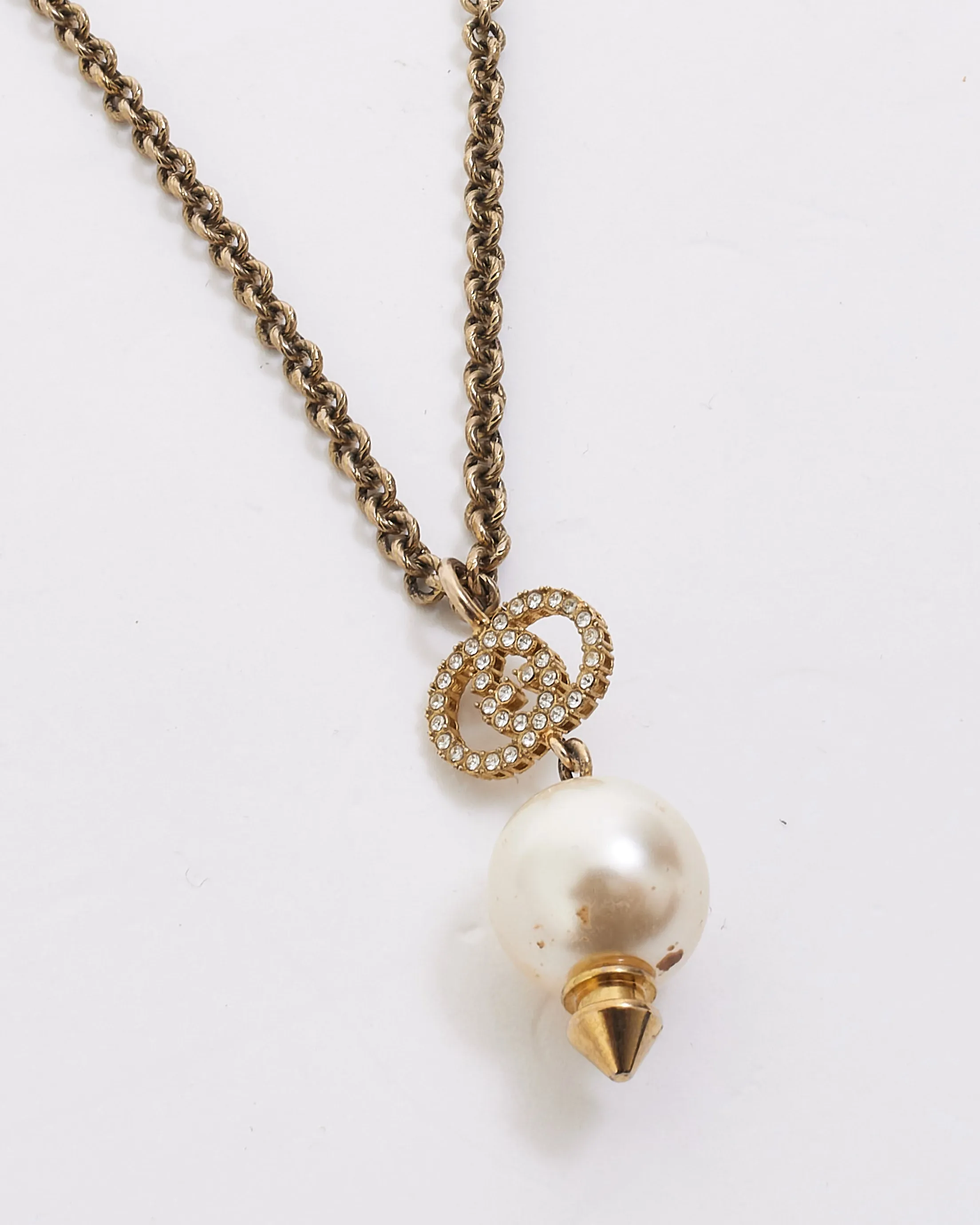 Gucci Gold Finish Metal Interlocking Crystal GG Pearl Necklace