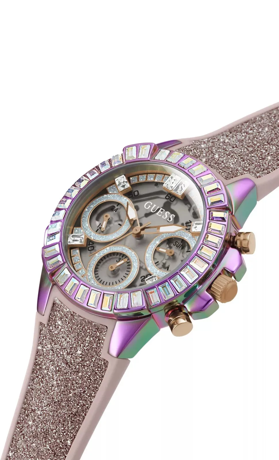 Guess Bombshell Ladies Semi-Transparent Dial Glitter Silicone Strap Watch