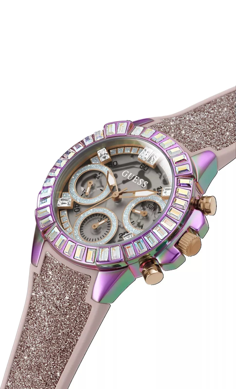 Guess Bombshell Ladies Semi-Transparent Dial Glitter Silicone Strap Watch