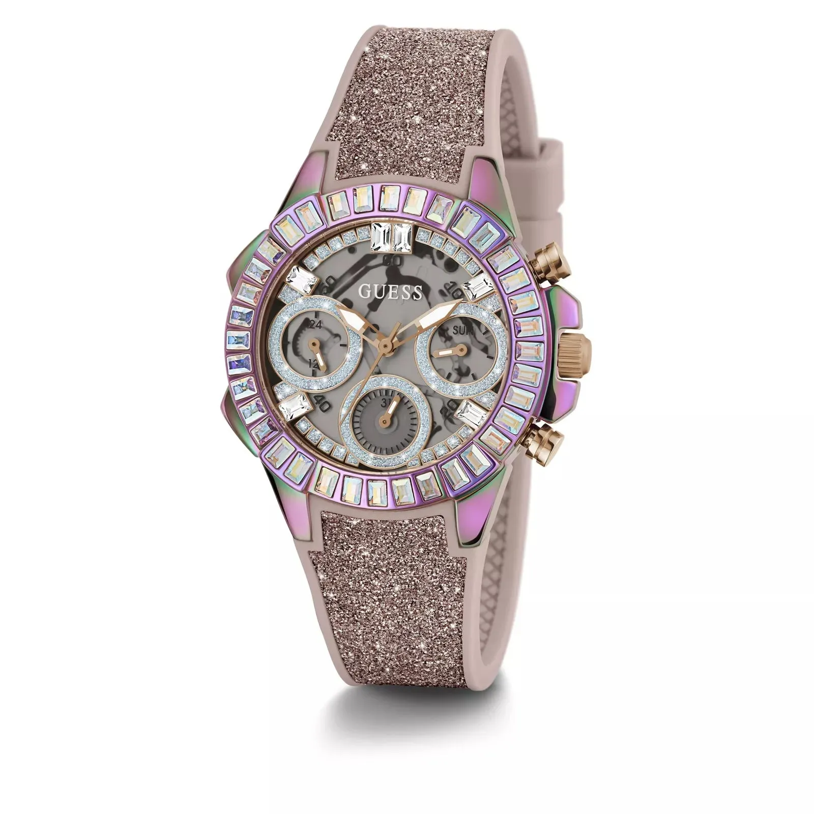 Guess Bombshell Ladies Semi-Transparent Dial Glitter Silicone Strap Watch