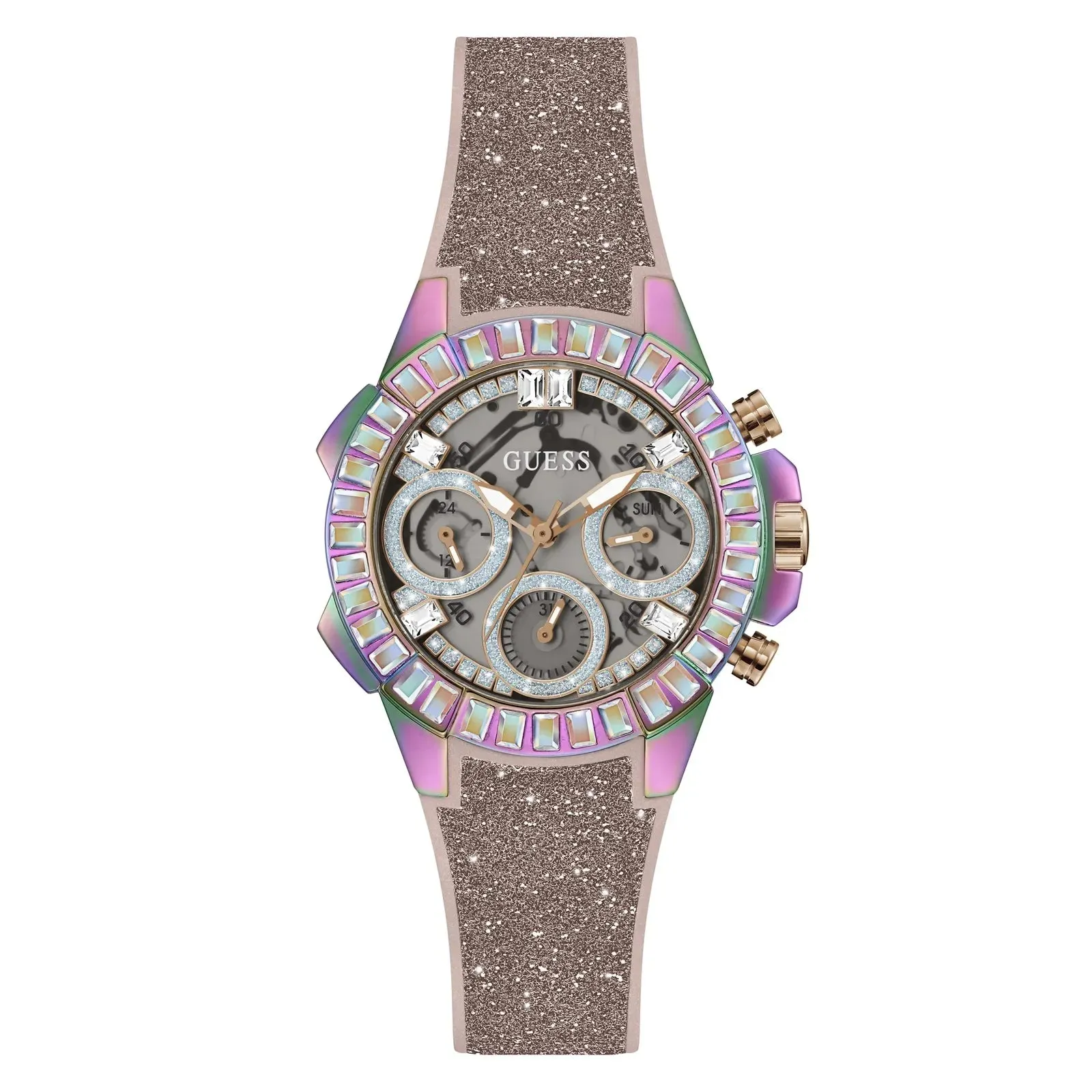 Guess Bombshell Ladies Semi-Transparent Dial Glitter Silicone Strap Watch