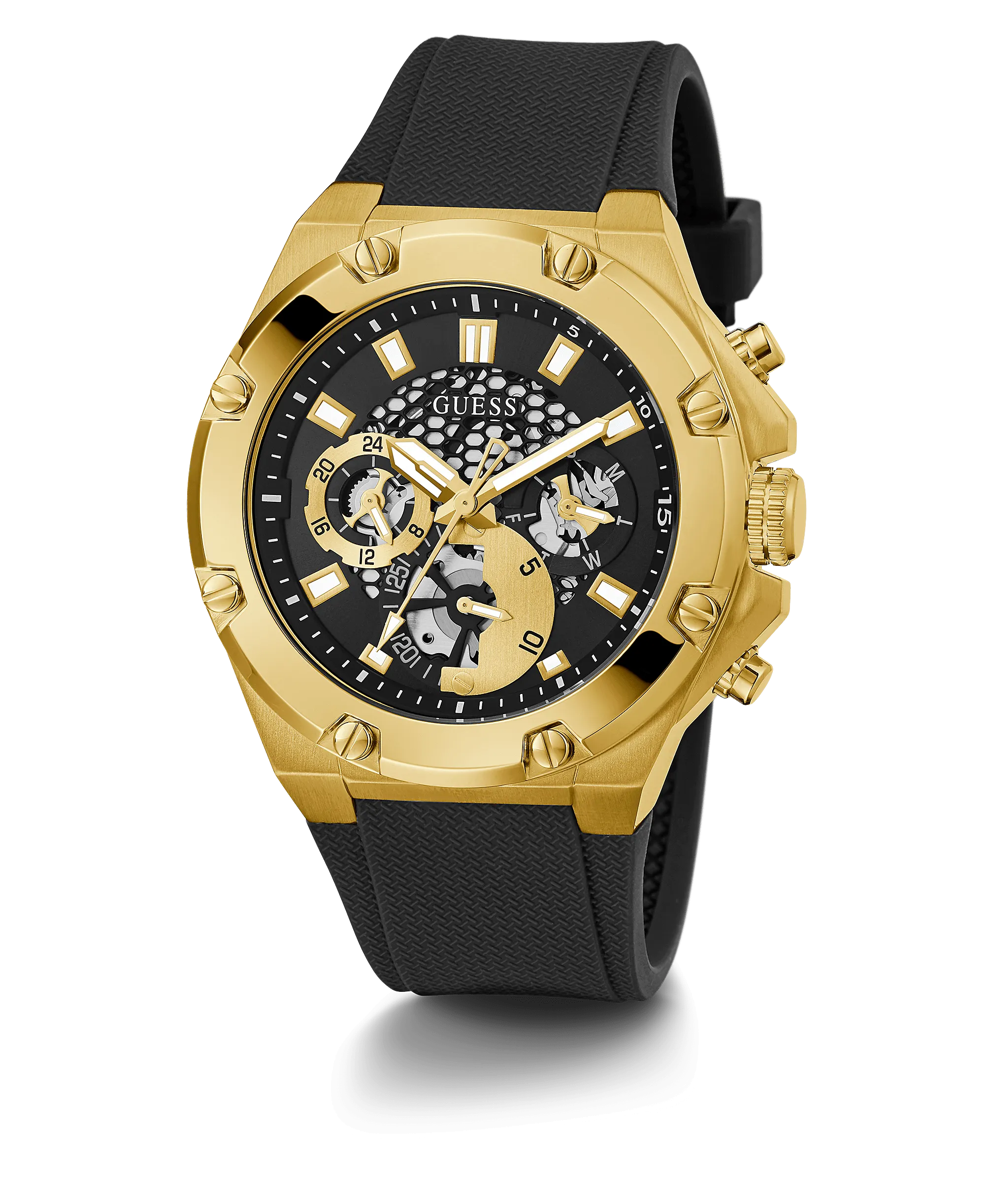 Guess Gold Tone Case Black Silicone Strap Men's Watch GW0334G2