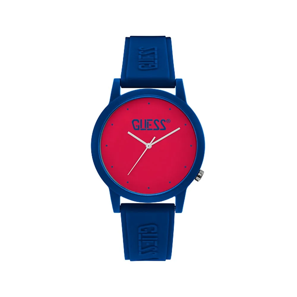 Guess Unisex Watch Blue Plastic Case With Red Color Dial / Blue Silicone Strap With Guess Logo