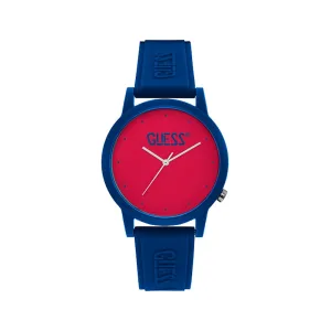 Guess Unisex Watch Blue Plastic Case With Red Color Dial / Blue Silicone Strap With Guess Logo