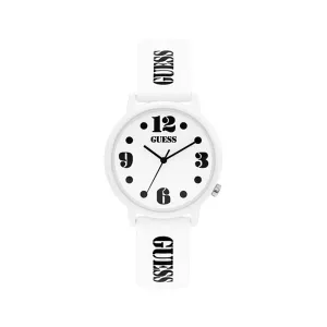 Guess Unisex Watch White Plastic Case / White Silicone Strap With Black Color Guess Logo