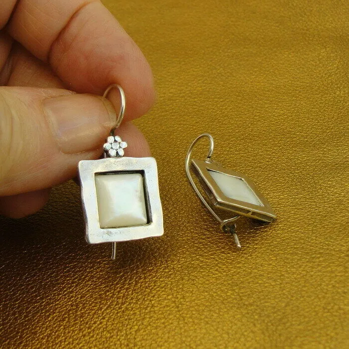 Hadar Designers MOP Mother of Pearl Earrings Pendant Set 925 Silver Handmade (MS