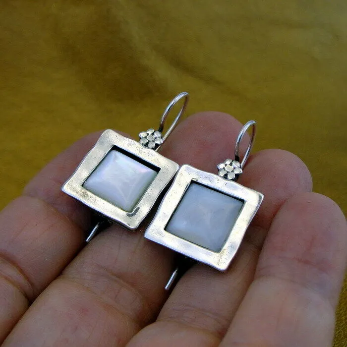 Hadar Designers MOP Mother of Pearl Earrings Pendant Set 925 Silver Handmade (MS