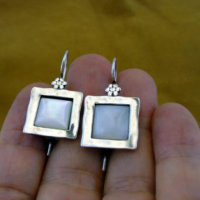 Hadar Designers MOP Mother of Pearl Earrings Pendant Set 925 Silver Handmade (MS