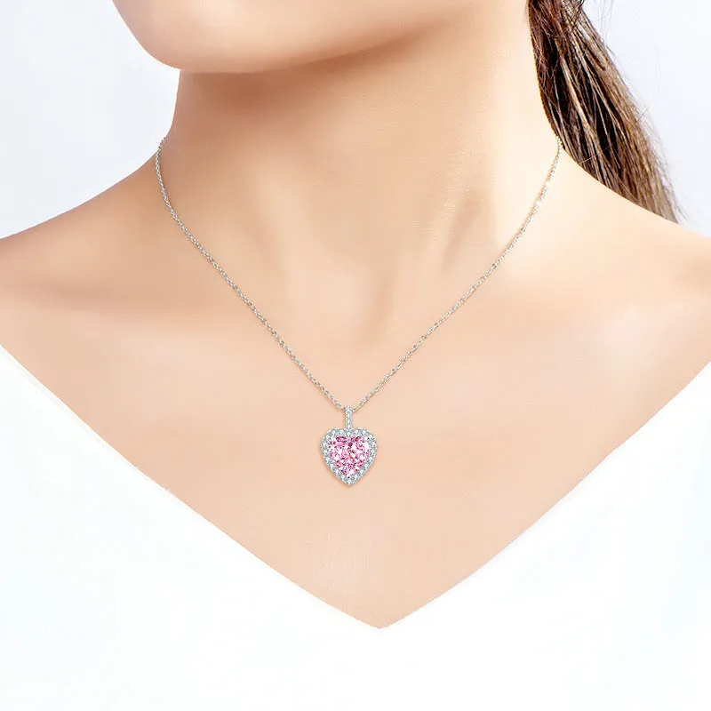 Halo Heart Shaped Pink Created Diamond Pendant Necklace