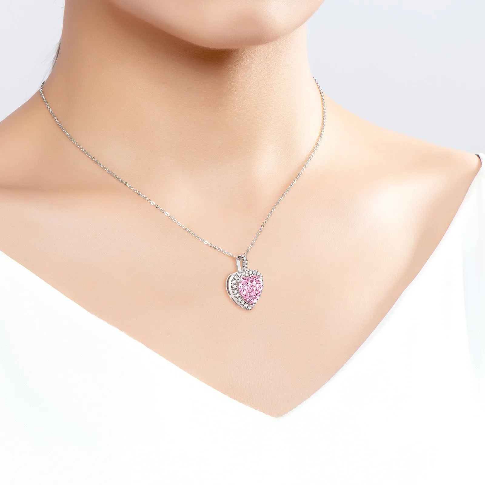 Halo Heart Shaped Pink Created Diamond Pendant Necklace