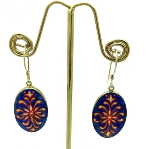 Hand painted Mother of Pearl Oval Dark Blue Earrings