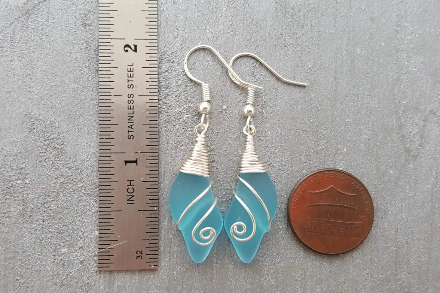 Handmade in Hawaii, Wire Wrapped "Wave Swirls" Turquoise Bay blue sea glass earrings, Beach jewelry gift