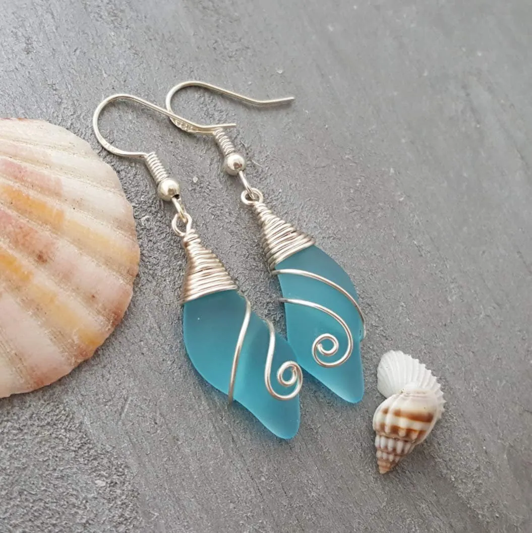 Handmade in Hawaii, Wire Wrapped "Wave Swirls" Turquoise Bay blue sea glass earrings, Beach jewelry gift