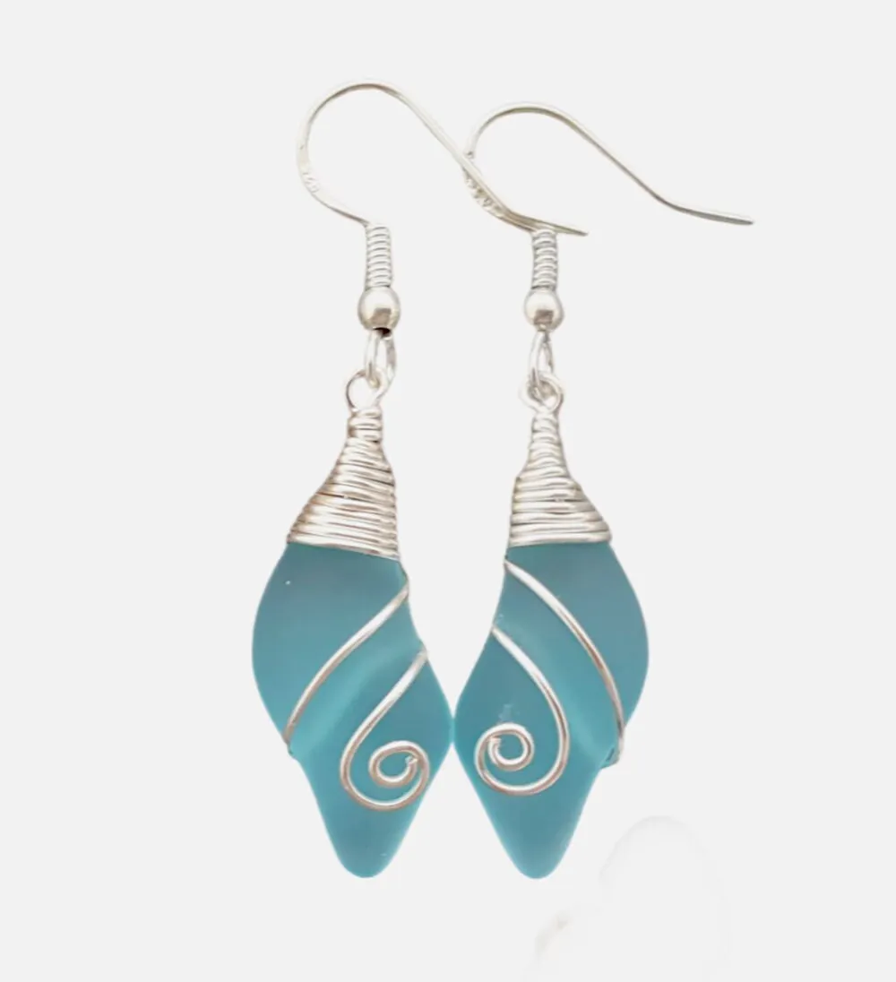 Handmade in Hawaii, Wire Wrapped "Wave Swirls" Turquoise Bay blue sea glass earrings, Beach jewelry gift