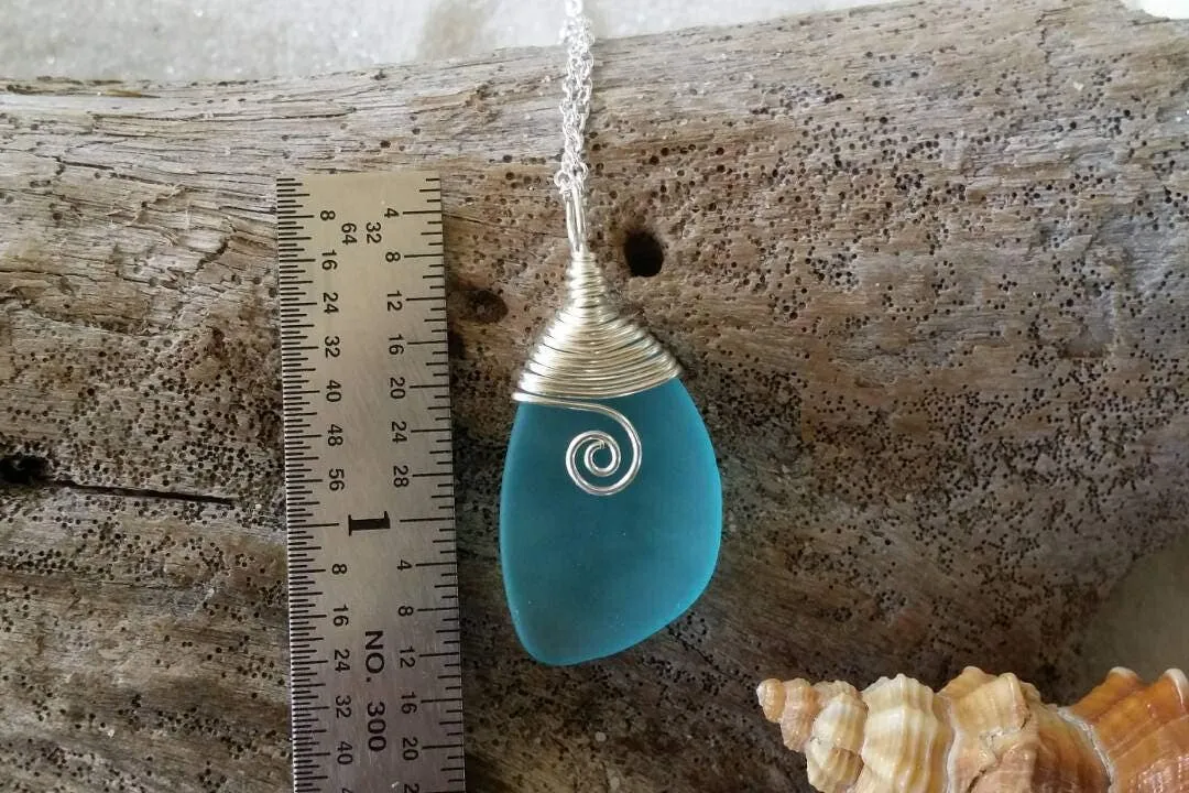 Handmade in Hawaii, Wire wrapped swirl blue sea glass necklace,   gift box, Birthday Gifts, Sea Glas Necklace
