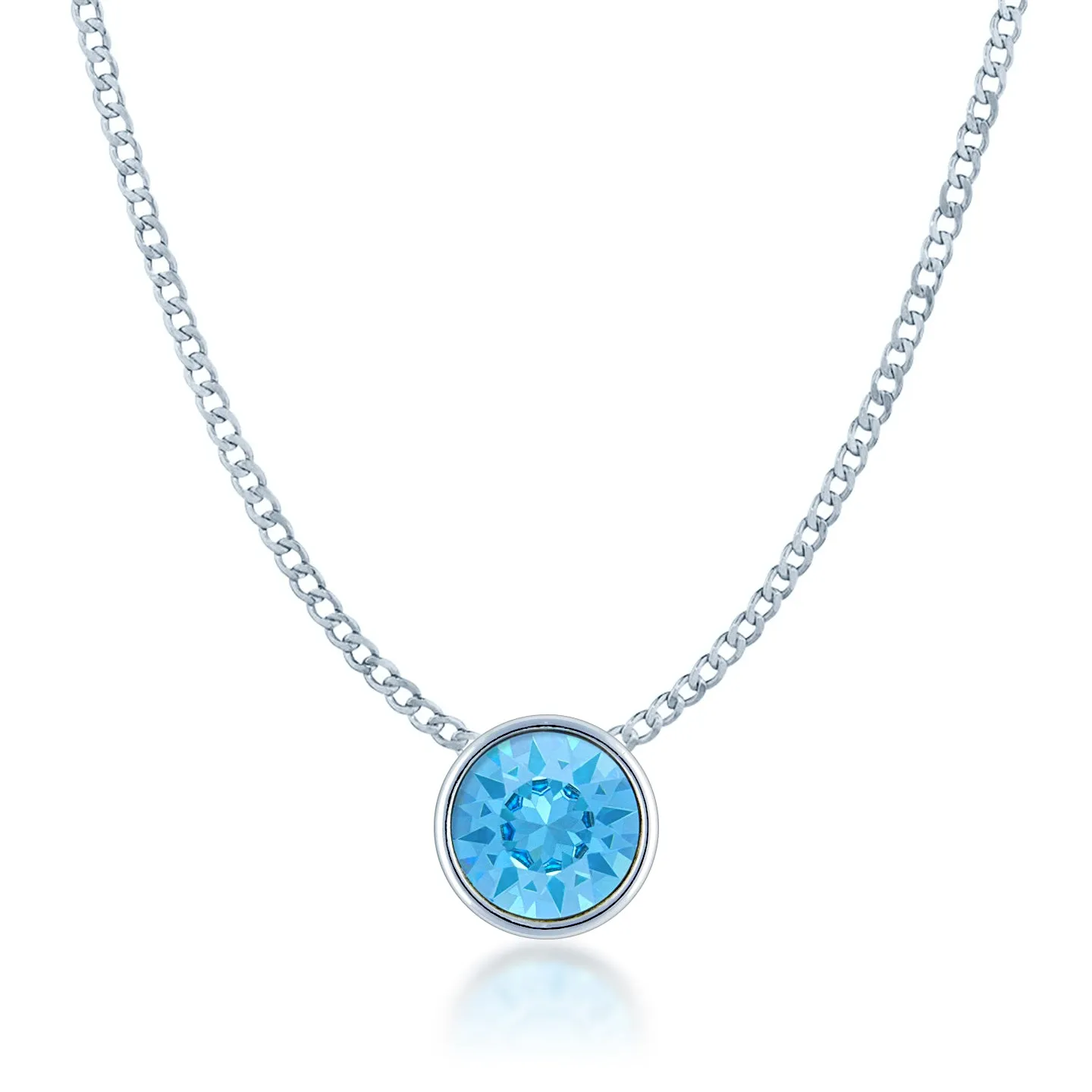 Harley Small Pendant Necklace with Blue Aquamarine Round Crystals from Swarovski Silver Toned Rhodium Plated