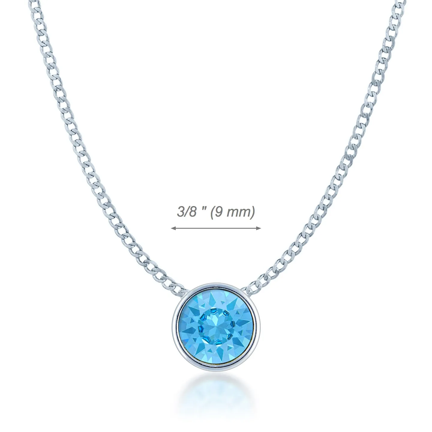 Harley Small Pendant Necklace with Blue Aquamarine Round Crystals from Swarovski Silver Toned Rhodium Plated