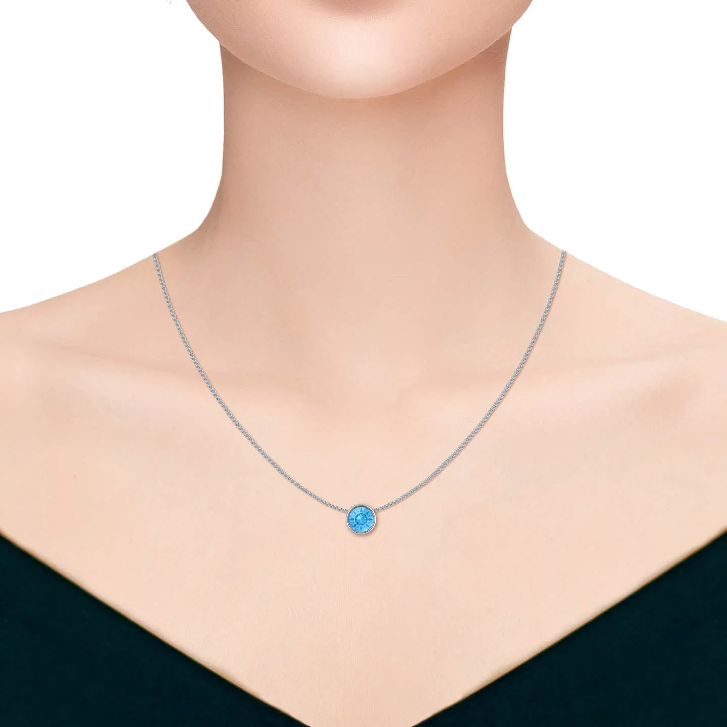 Harley Small Pendant Necklace with Blue Aquamarine Round Crystals from Swarovski Silver Toned Rhodium Plated