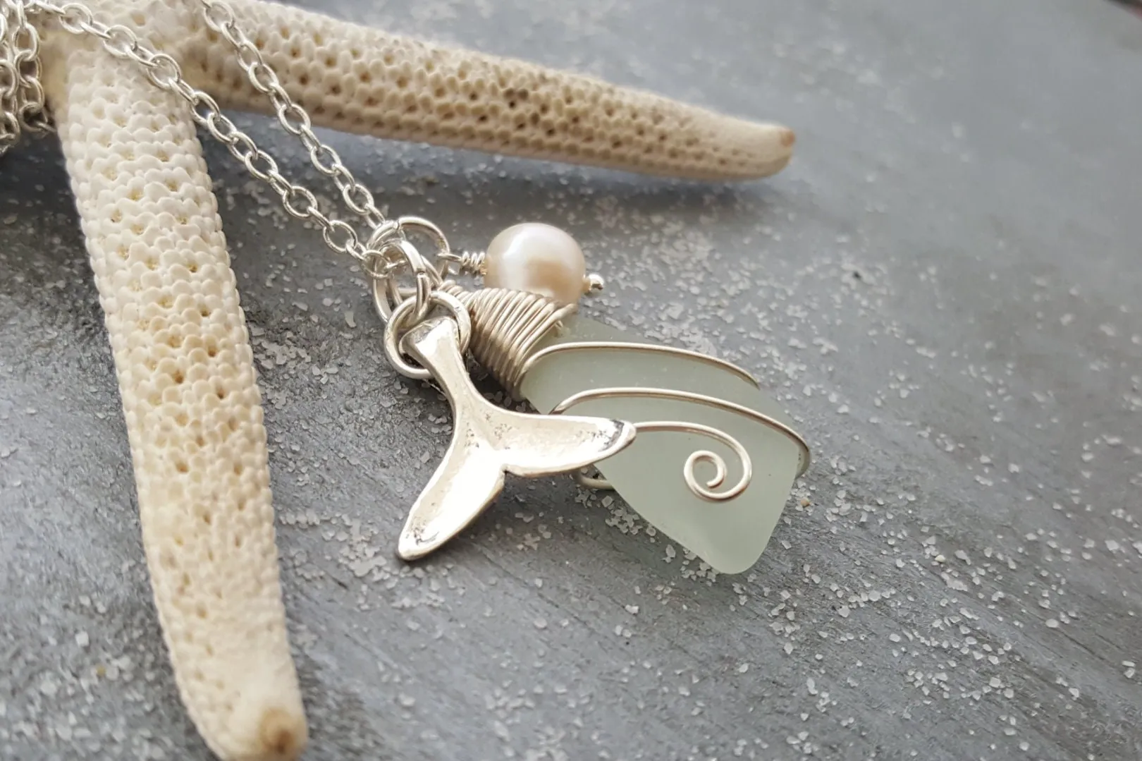 Hawaiian Jewelry Natural Sea Glass Necklace, Wire Wrapped Necklace, Pearl Whale Tail Necklace, Genuine Surf Tumbled Beach Sea Glass Jewelry
