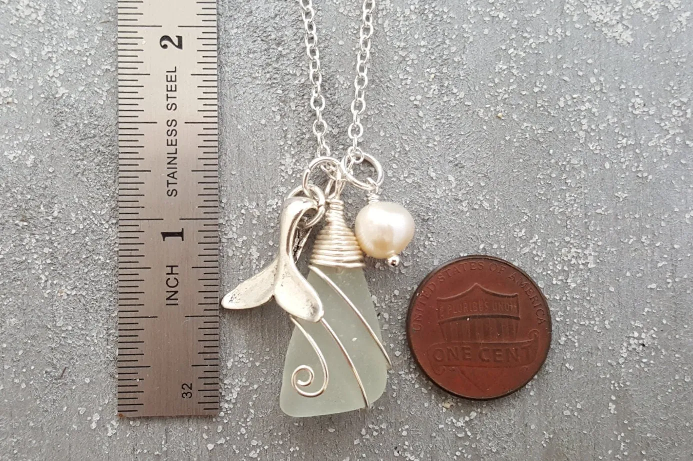 Hawaiian Jewelry Natural Sea Glass Necklace, Wire Wrapped Necklace, Pearl Whale Tail Necklace, Genuine Surf Tumbled Beach Sea Glass Jewelry