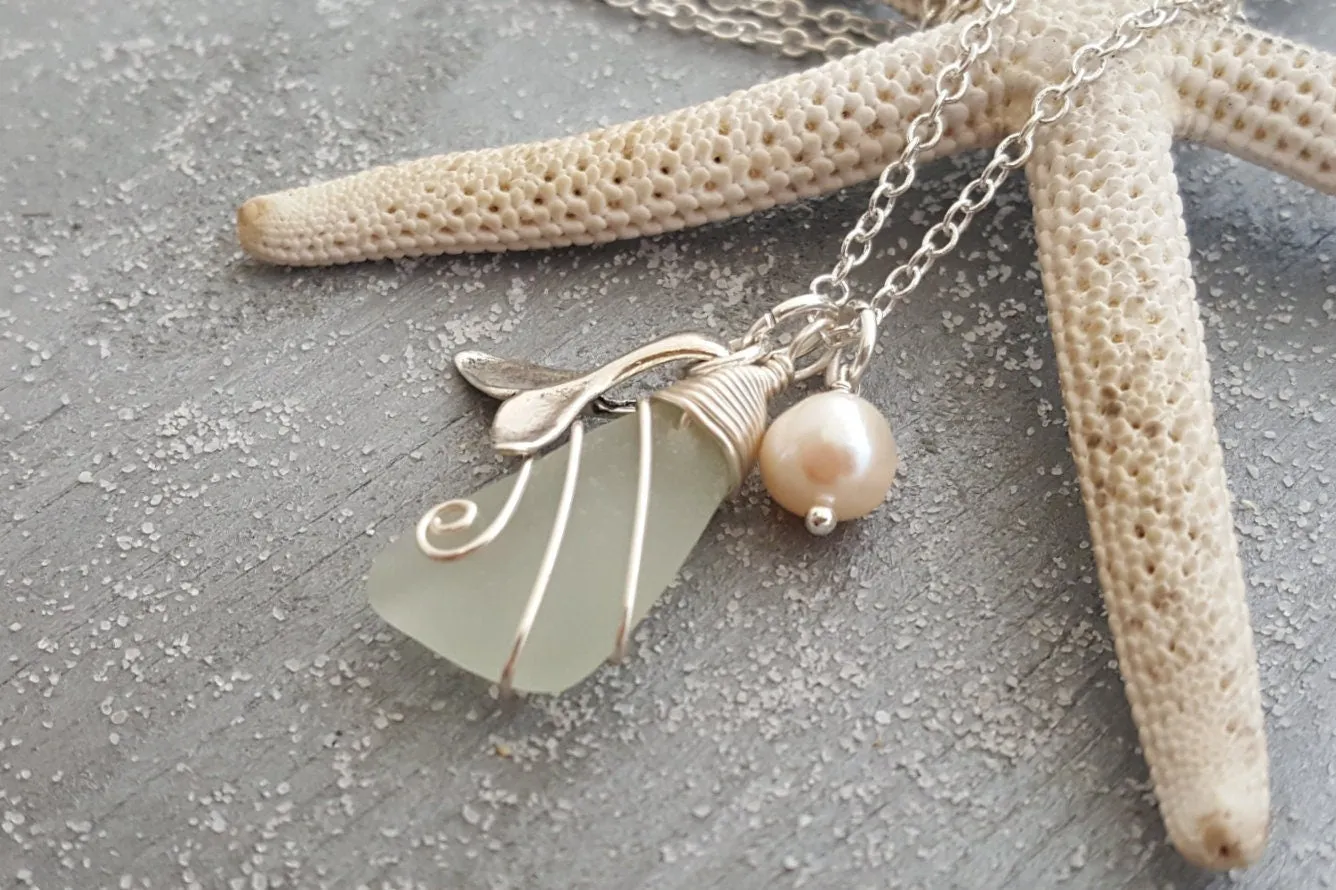 Hawaiian Jewelry Natural Sea Glass Necklace, Wire Wrapped Necklace, Pearl Whale Tail Necklace, Genuine Surf Tumbled Beach Sea Glass Jewelry