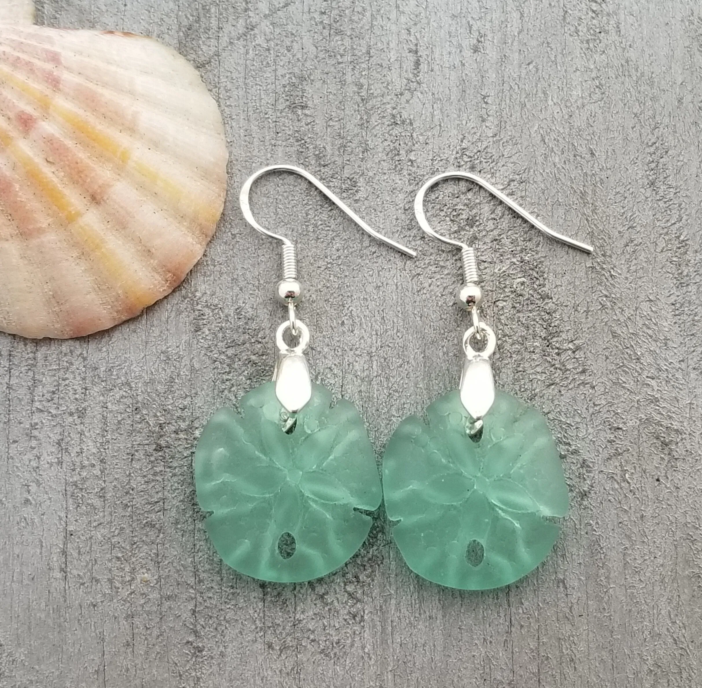 Hawaiian Jewelry Sea Glass Earrings, Aquamarine Twin Sand Dollar Earrings,  Unique Earrings (March Birthstone Jewelry)