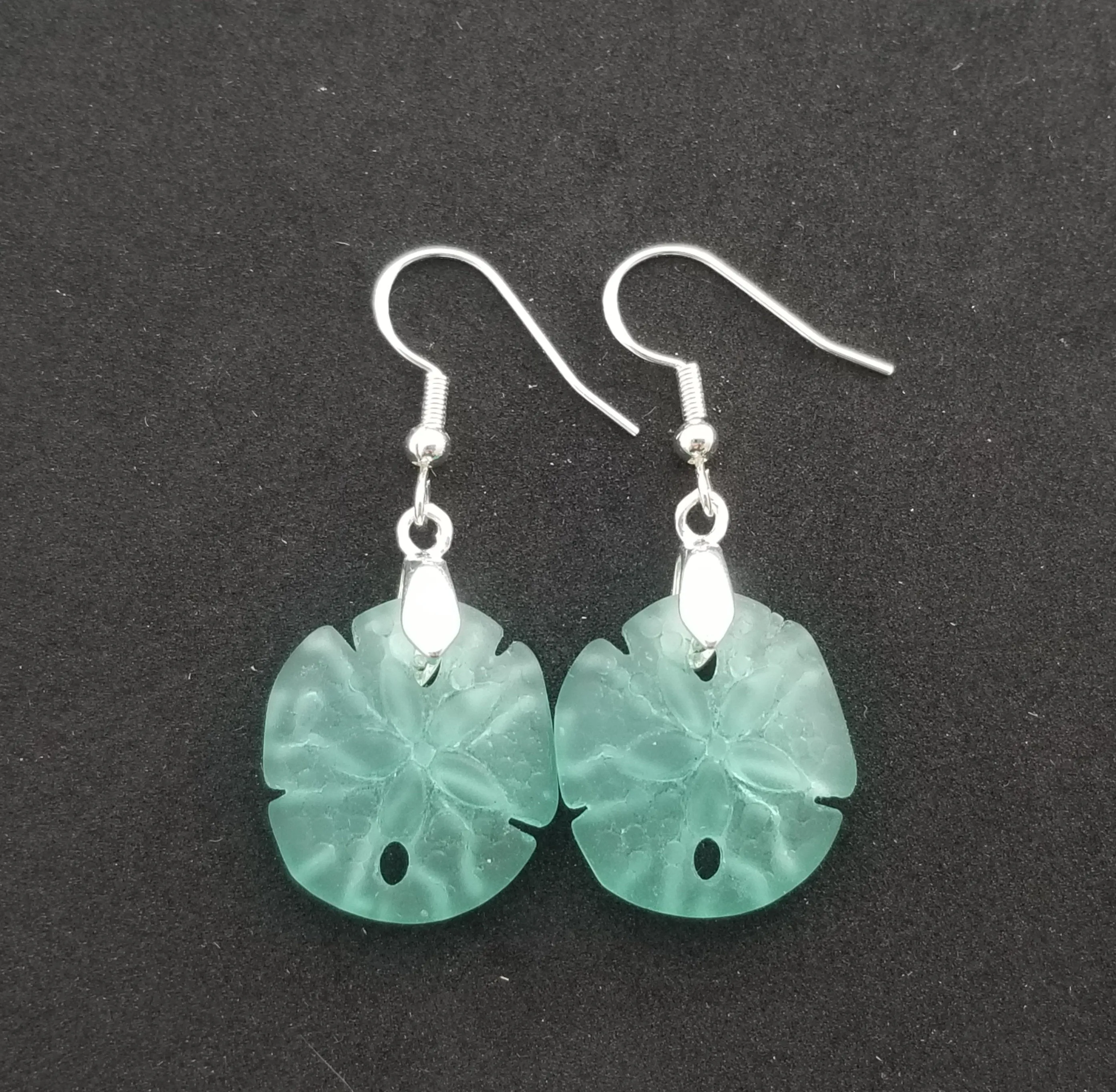 Hawaiian Jewelry Sea Glass Earrings, Aquamarine Twin Sand Dollar Earrings,  Unique Earrings (March Birthstone Jewelry)