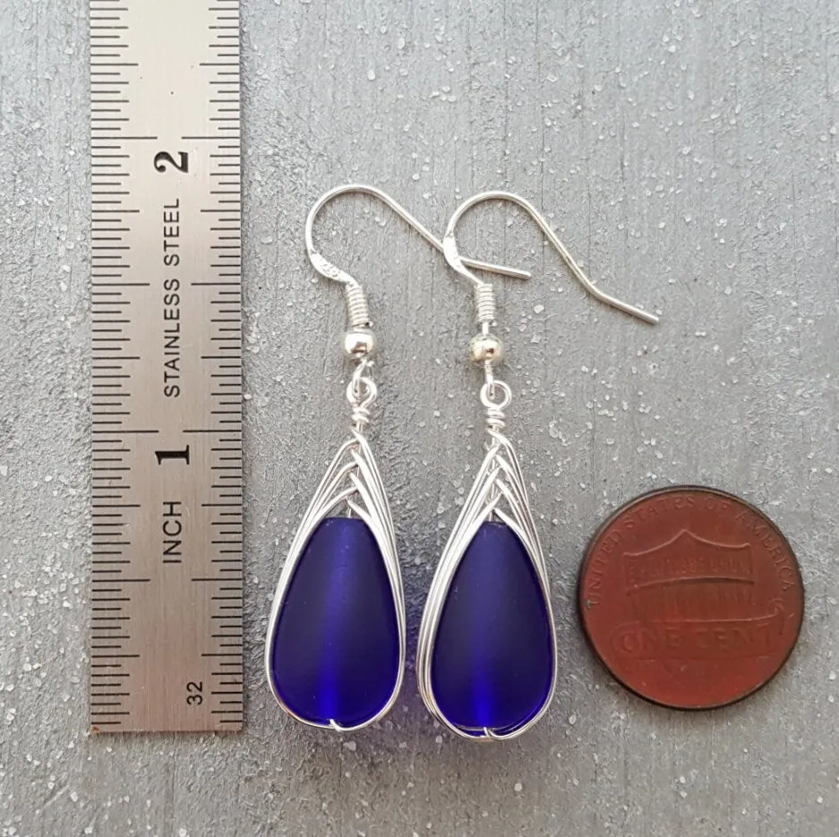 Hawaiian Jewelry Sea Glass Earrings, Braided Cobalt Blue Earrings Teardrop Earrings, Sea Glass Jewelry Birthday Gift (September Birthstone)