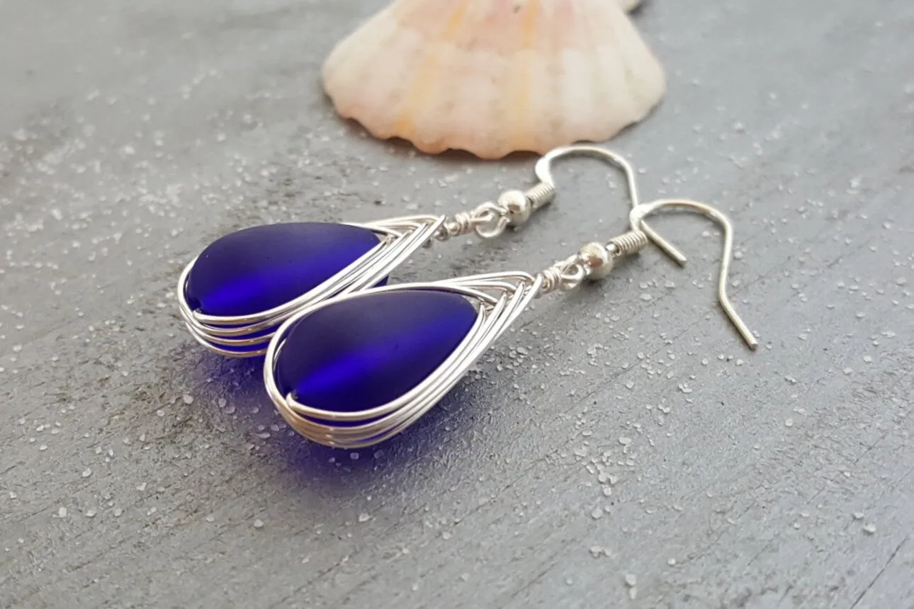 Hawaiian Jewelry Sea Glass Earrings, Braided Cobalt Blue Earrings Teardrop Earrings, Sea Glass Jewelry Birthday Gift (September Birthstone)