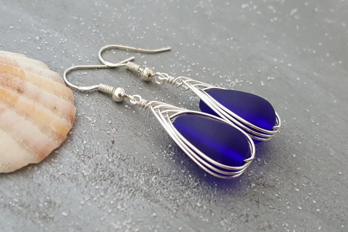 Hawaiian Jewelry Sea Glass Earrings, Braided Cobalt Blue Earrings Teardrop Earrings, Sea Glass Jewelry Birthday Gift (September Birthstone)