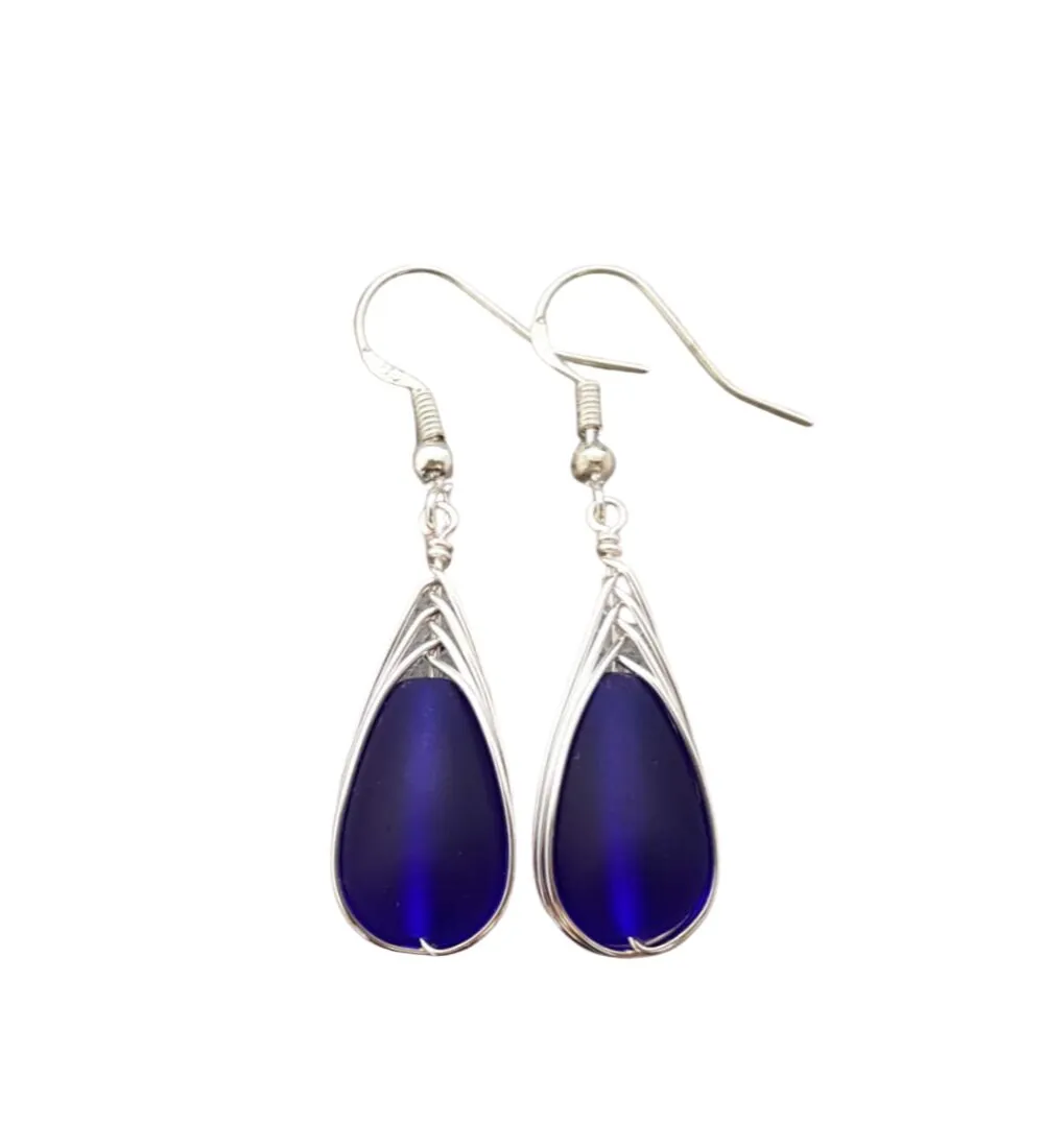 Hawaiian Jewelry Sea Glass Earrings, Braided Cobalt Blue Earrings Teardrop Earrings, Sea Glass Jewelry Birthday Gift (September Birthstone)