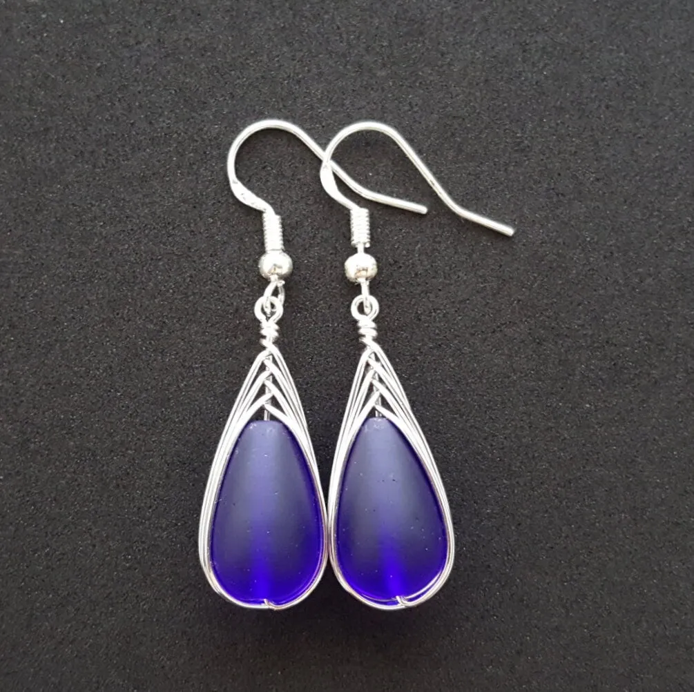 Hawaiian Jewelry Sea Glass Earrings, Braided Cobalt Blue Earrings Teardrop Earrings, Sea Glass Jewelry Birthday Gift (September Birthstone)