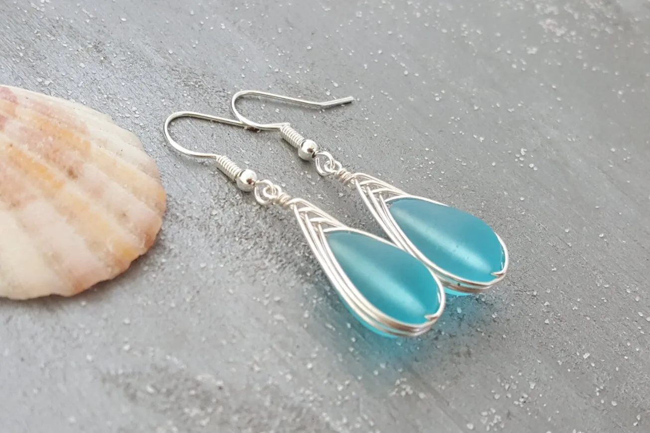 Hawaiian Jewelry Sea Glass Earrings, Braided Turquoise Earrings Blue Earrings Teardrop Earrings, Sea Glass Jewelry (December Birthstone Gift)